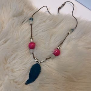 NWT Handmade Genuine Leather Necklace. Agate Slice & African glass. Adjustable